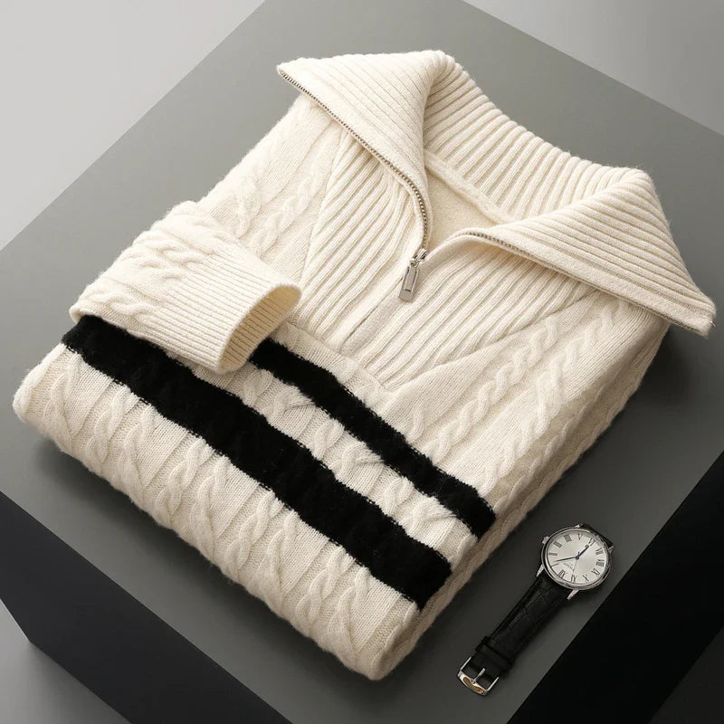 ADDONEE Men's 100% Wool Cable Knit Turn Down Collar Zipper Striped Pullover Sweater Thick Warm Autumn Winter Wool Knitwear