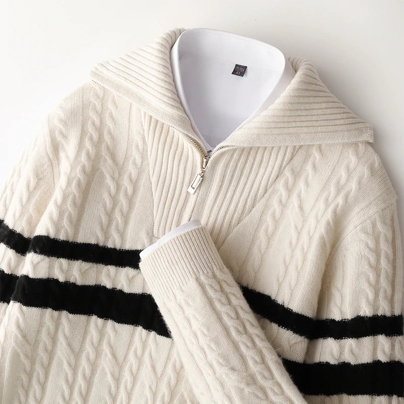 ADDONEE Men's 100% Wool Cable Knit Turn Down Collar Zipper Striped Pullover Sweater Thick Warm Autumn Winter Wool Knitwear