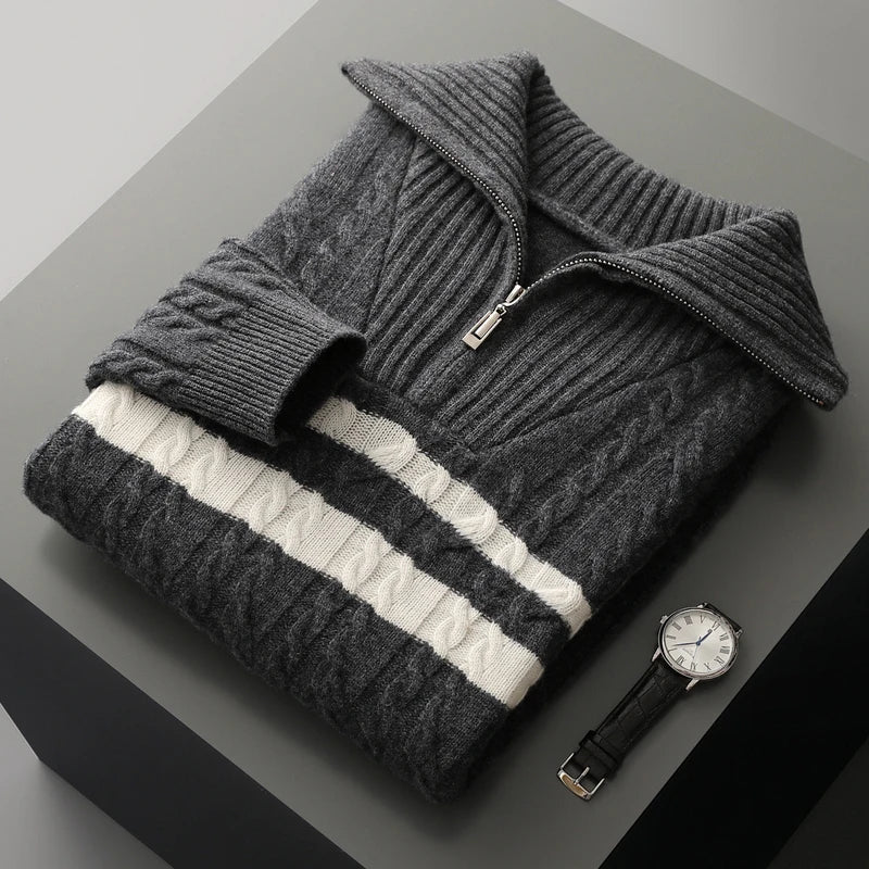 ADDONEE Men's 100% Wool Cable Knit Turn Down Collar Zipper Striped Pullover Sweater Thick Warm Autumn Winter Wool Knitwear