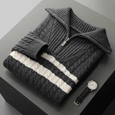 ADDONEE Men's 100% Wool Cable Knit Turn Down Collar Zipper Striped Pullover Sweater Thick Warm Autumn Winter Wool Knitwear
