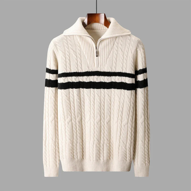 ADDONEE Men's 100% Wool Cable Knit Turn Down Collar Zipper Striped Pullover Sweater Thick Warm Autumn Winter Wool Knitwear