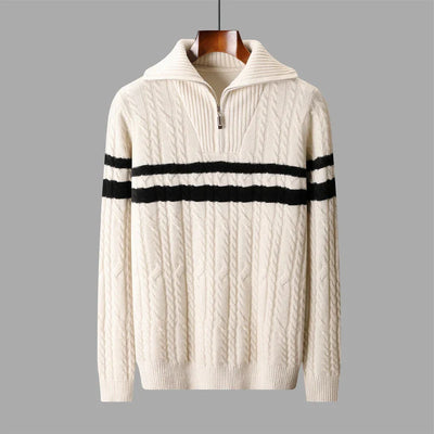 ADDONEE Men's 100% Wool Cable Knit Turn Down Collar Zipper Striped Pullover Sweater Thick Warm Autumn Winter Wool Knitwear